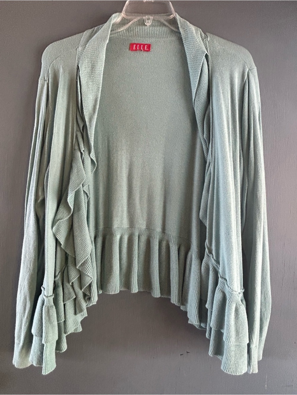 ELLE Sea Foam Green Ruffles-Trim Open Cardigan